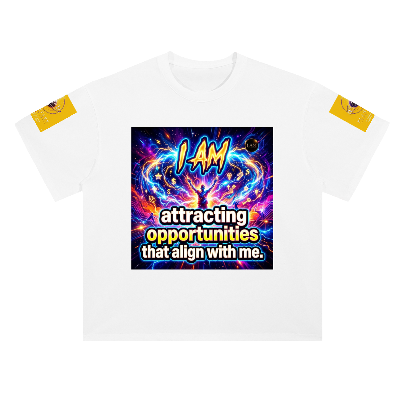 A white short-sleeve t-shirt with a vibrant, colorful graphic on the chest that reads 'I AM attracting opportunities that align with me.' in stylized text over a cosmic background.