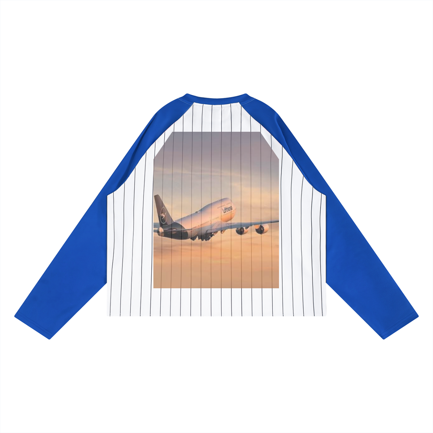 Baseball jersey with airplane graphic on a white background