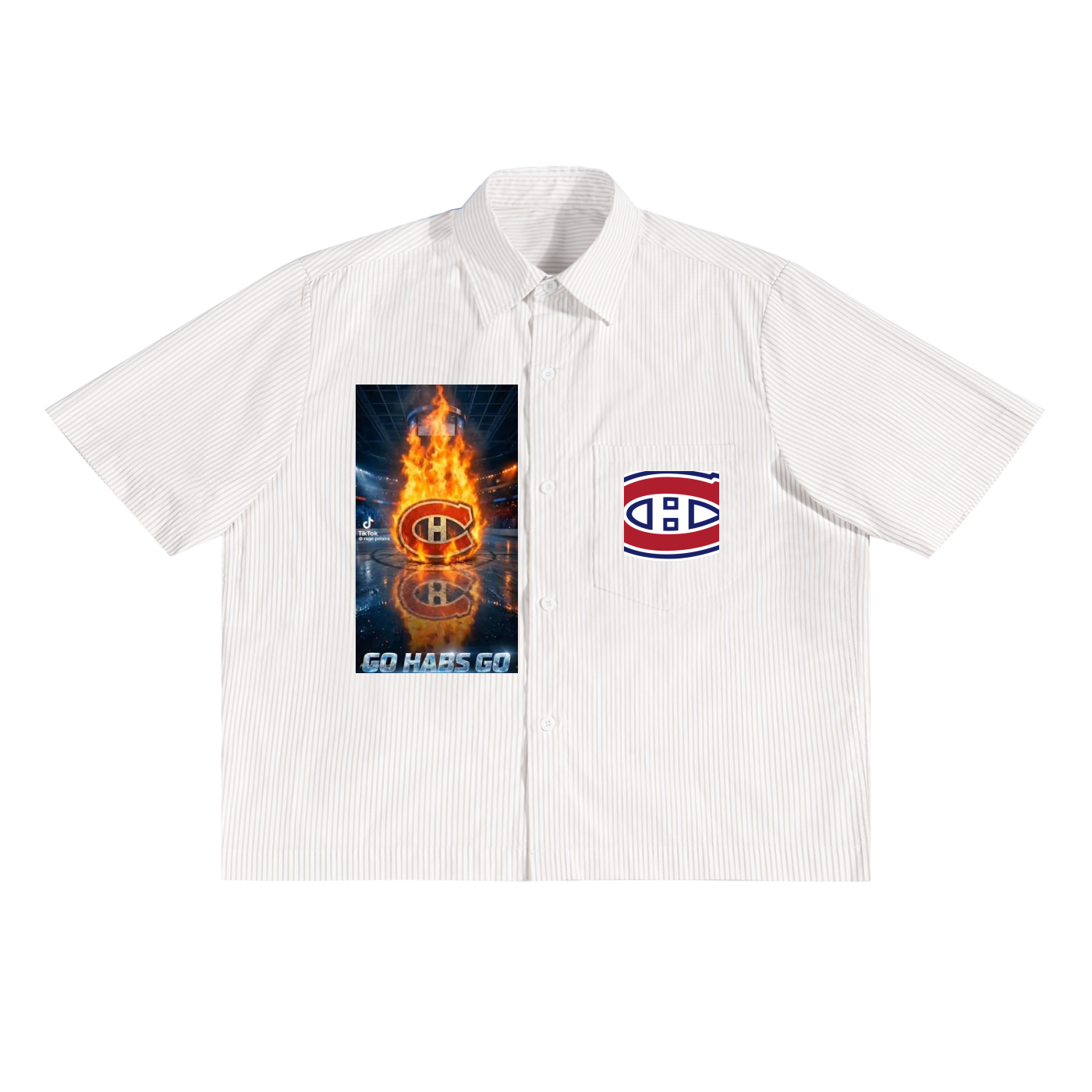 White shirt with Montreal Canadiens logo and flames design on a white background