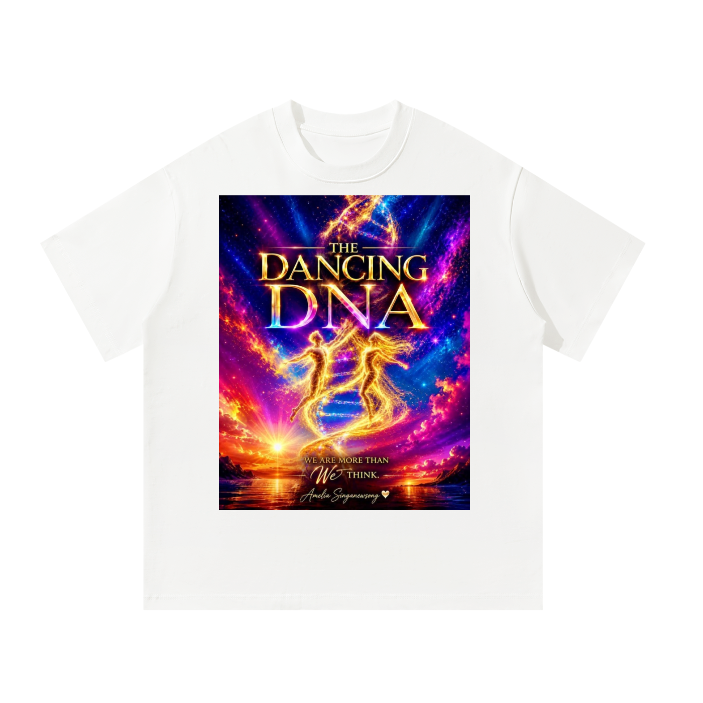 White t-shirt with 'The Dancing DNA' graphic design on a white background