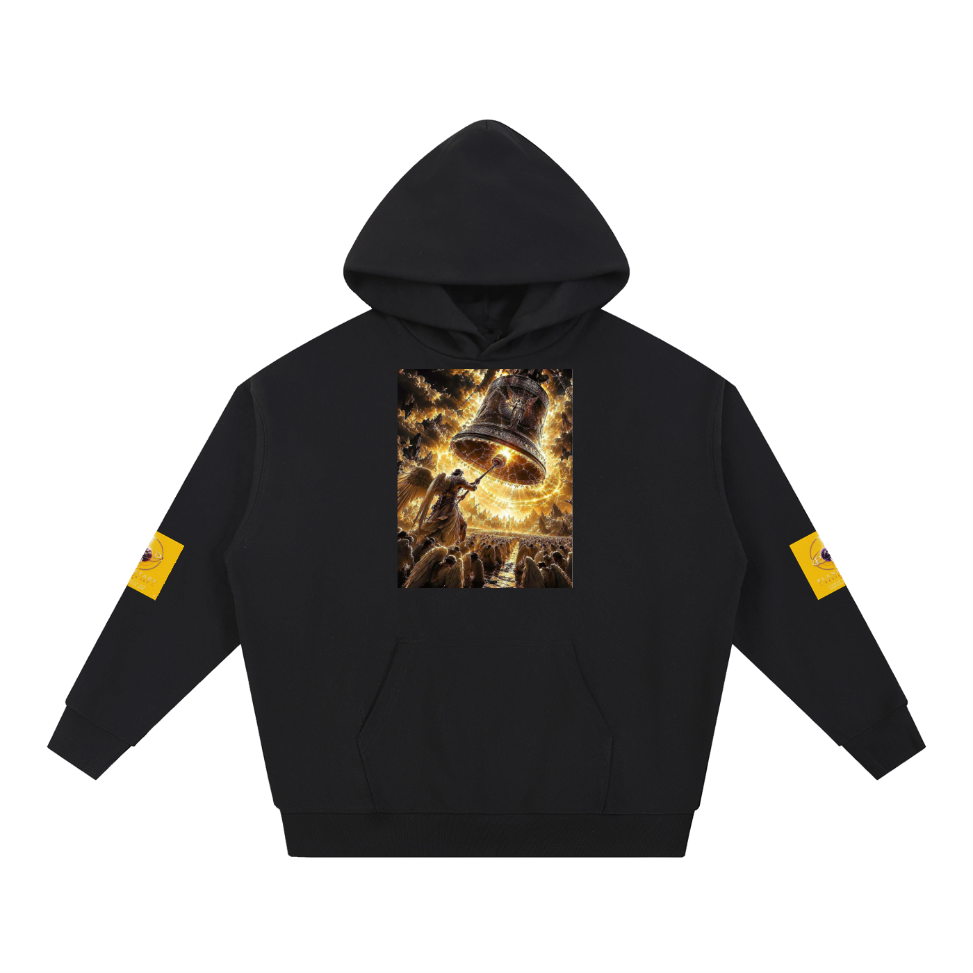 A black pullover hoodie with a large graphic print on the chest depicting a glowing bell and a figure, plus small yellow graphic patches on both sleeves, shown against a plain white background.
