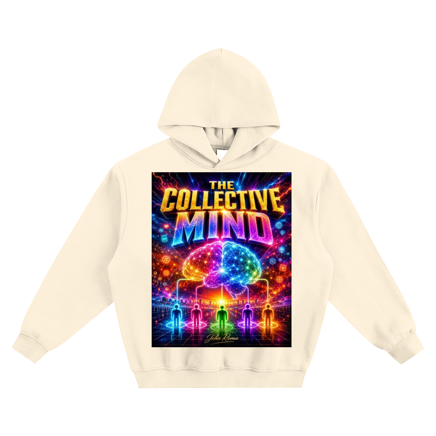 Beige hoodie with 'The Collective Mind' graphic design on a white background