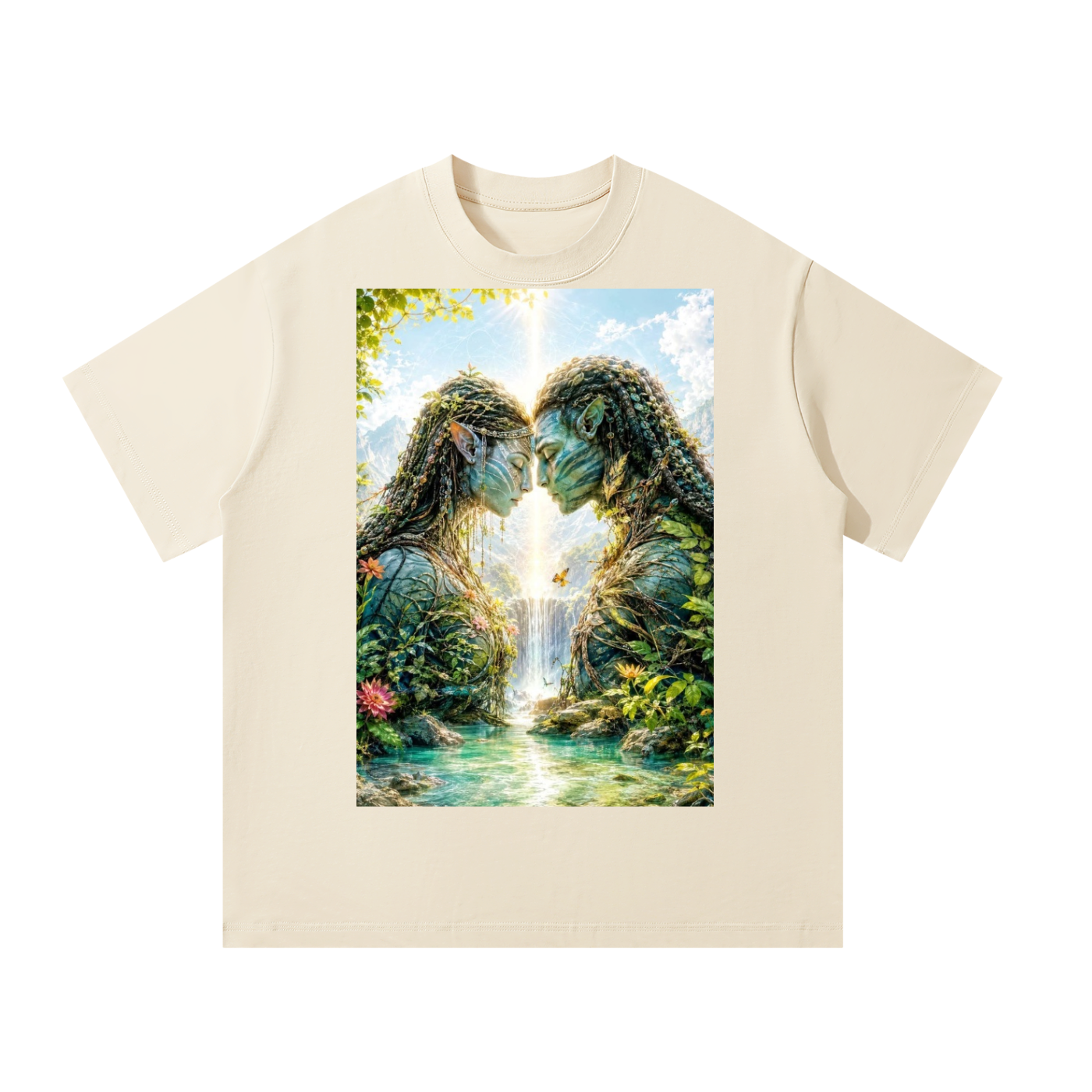 Beige t-shirt with a graphic of two trees kissing over a waterfall on a white background