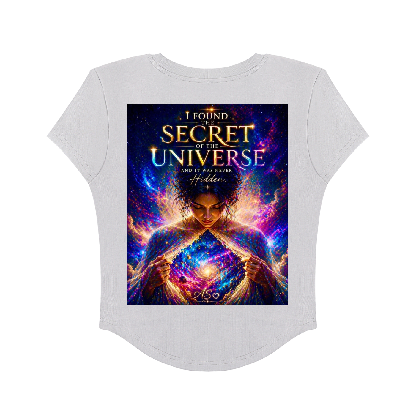 White t-shirt with a colorful graphic and text on the back