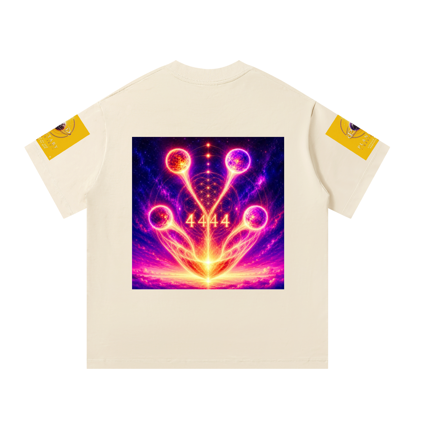 An off-white short-sleeve t-shirt shown from the back, featuring a large, vibrant cosmic graphic in the center with purple, pink, and yellow energy patterns and the number '4444'. Each sleeve has a small yellow graphic patch.