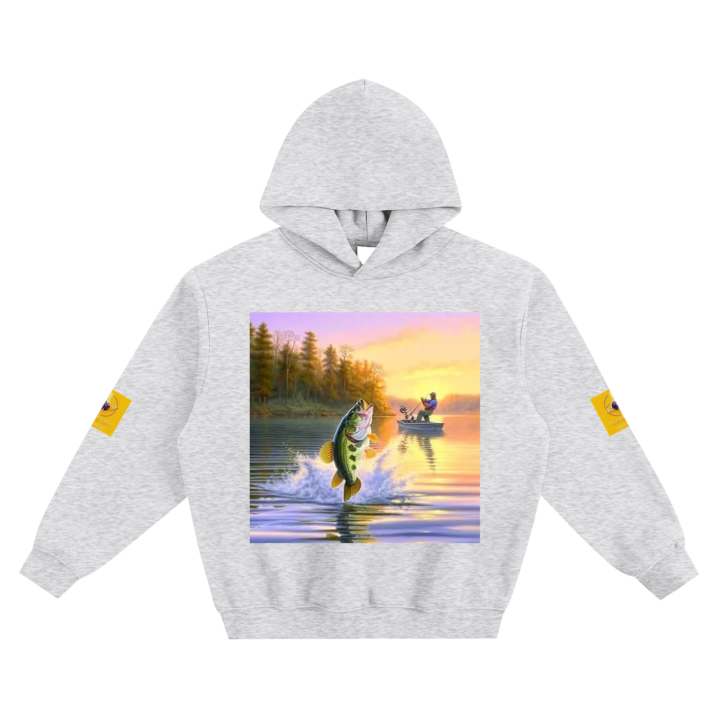 Gray hoodie with a graphic of a fish jumping out of water at sunset on a lake.