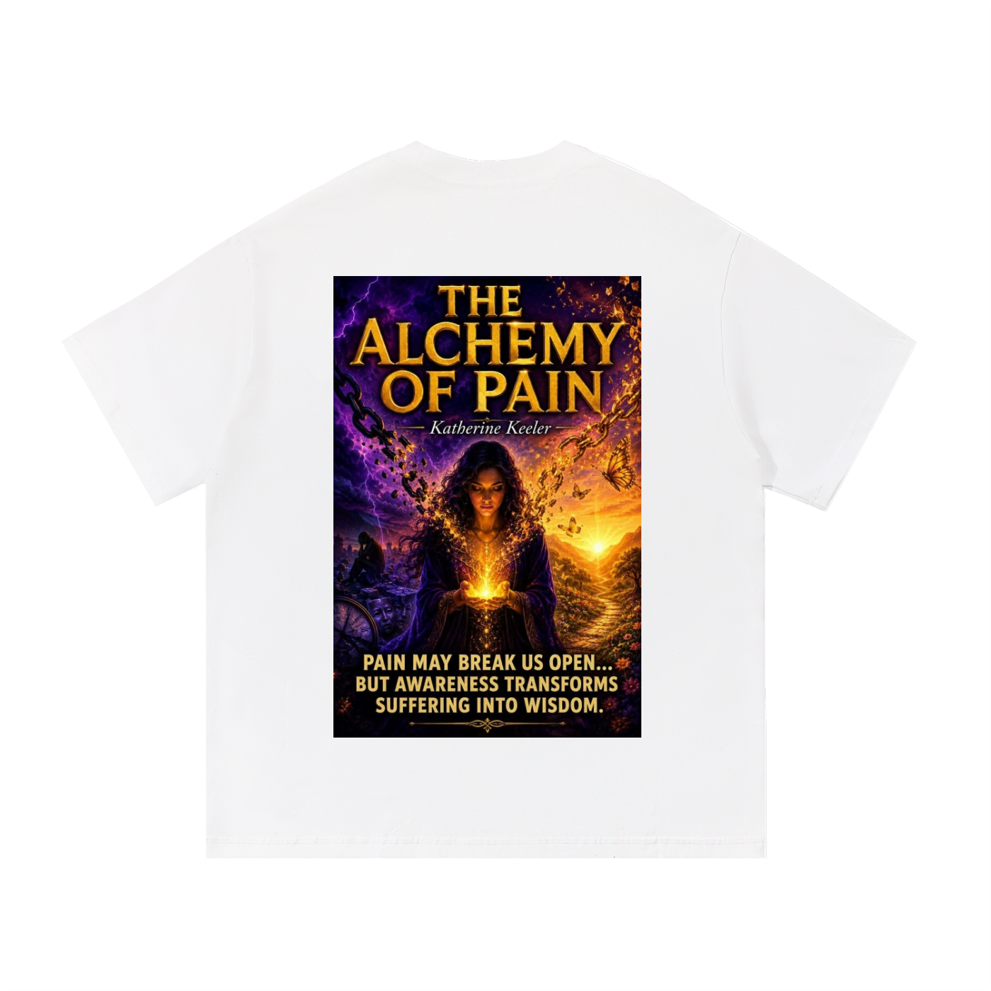 White t-shirt with a book cover design featuring a woman and text on the back.