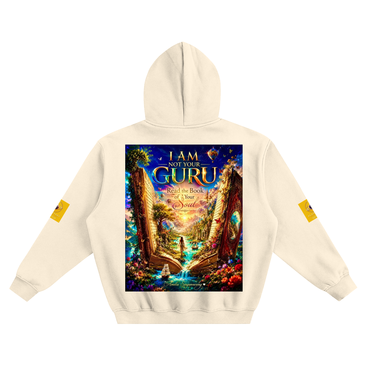 Beige hoodie with a colorful graphic on the back featuring text and artistic design.