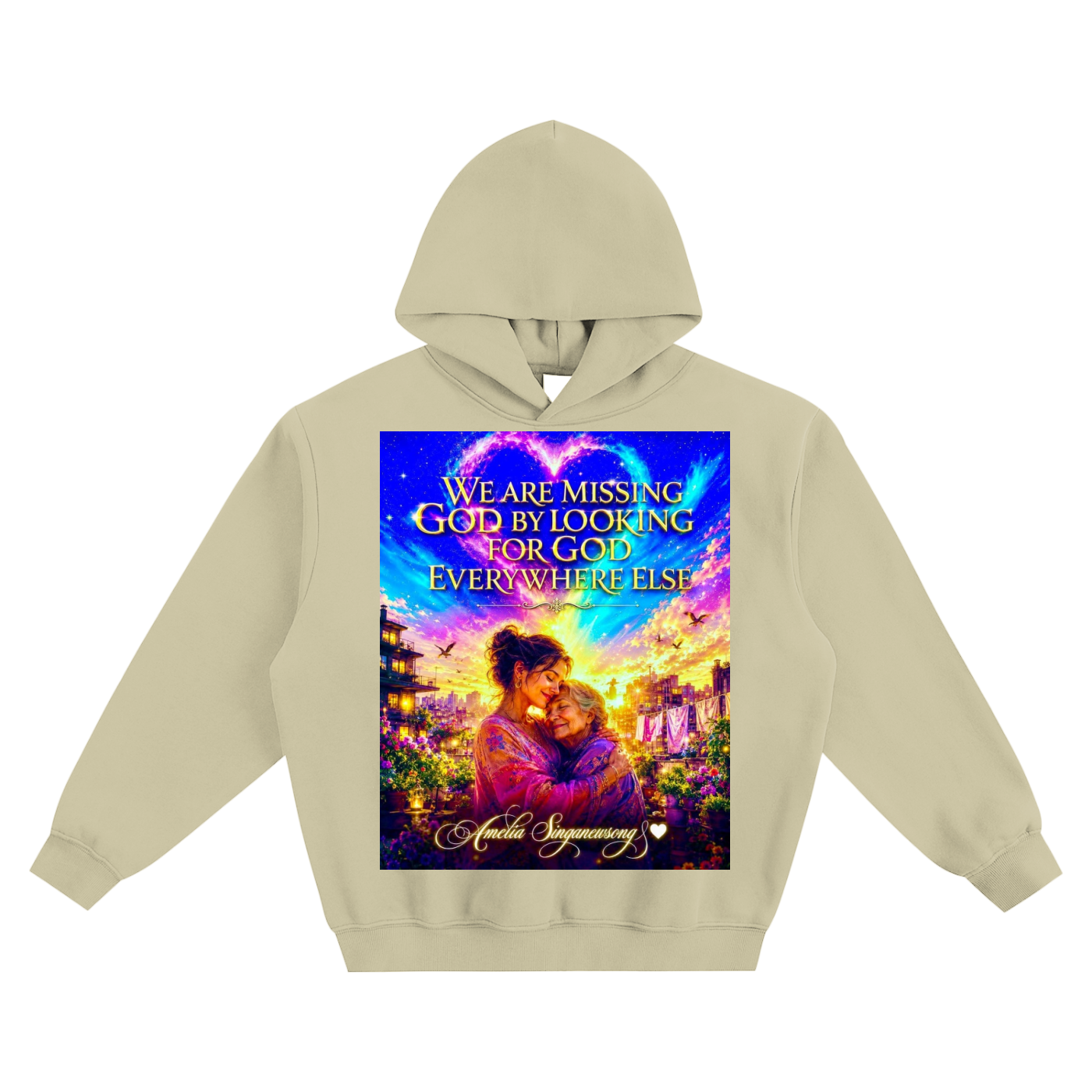 Beige hoodie with a colorful graphic and text on a white background