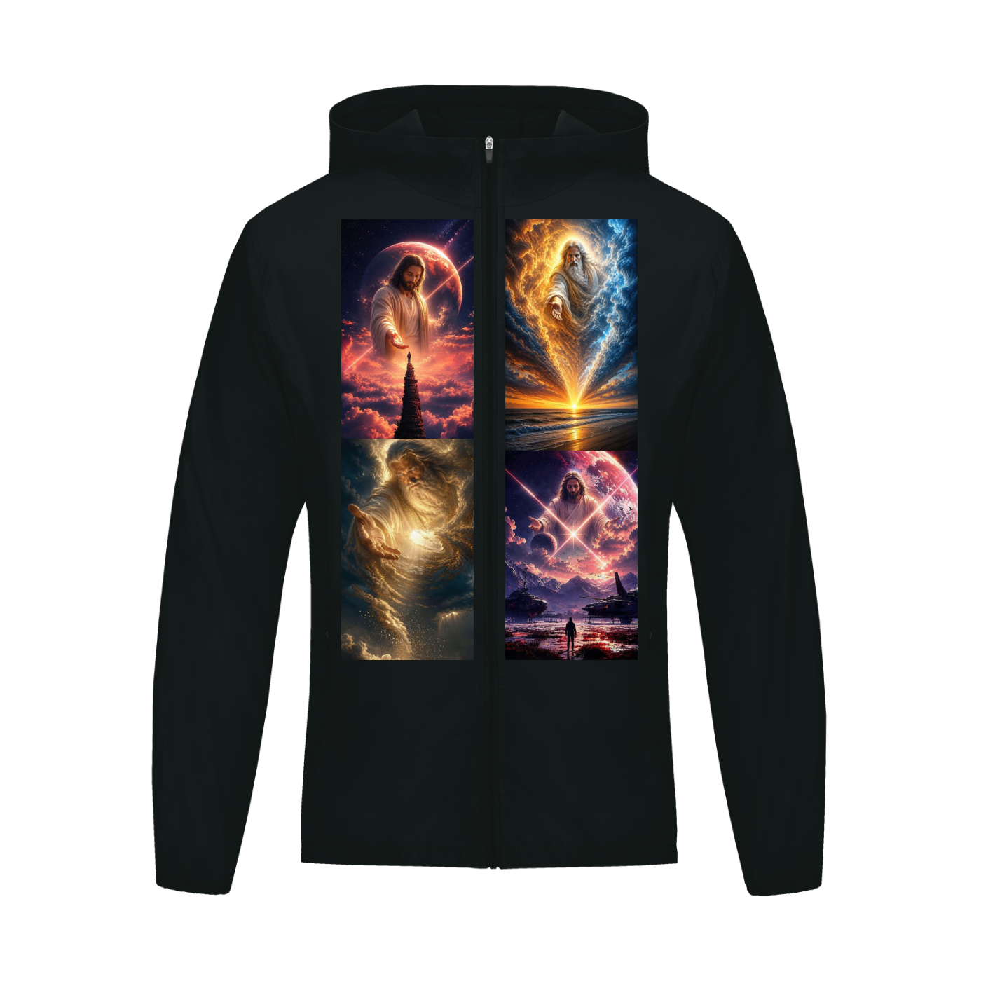 A black zip-up hoodie with a large, colorful graphic print on the front. The graphic is a four-panel collage featuring mystical and cosmic imagery, including glowing figures, celestial bodies, and dramatic landscapes in vibrant shades of orange, blue, yellow, and purple.