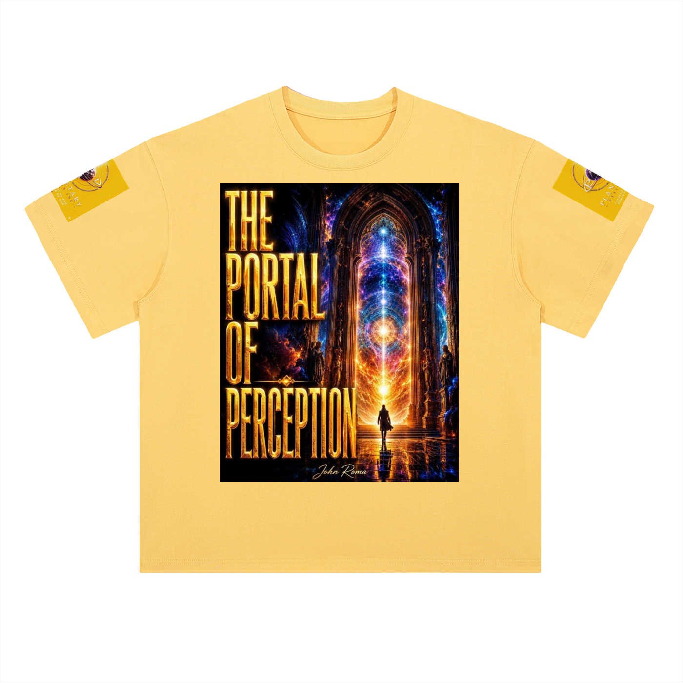 A pale yellow short-sleeve t-shirt with a large graphic print on the front titled 'THE PORTAL OF PERCEPTION'. The graphic depicts a glowing, colorful gothic cathedral interior with a lone figure.