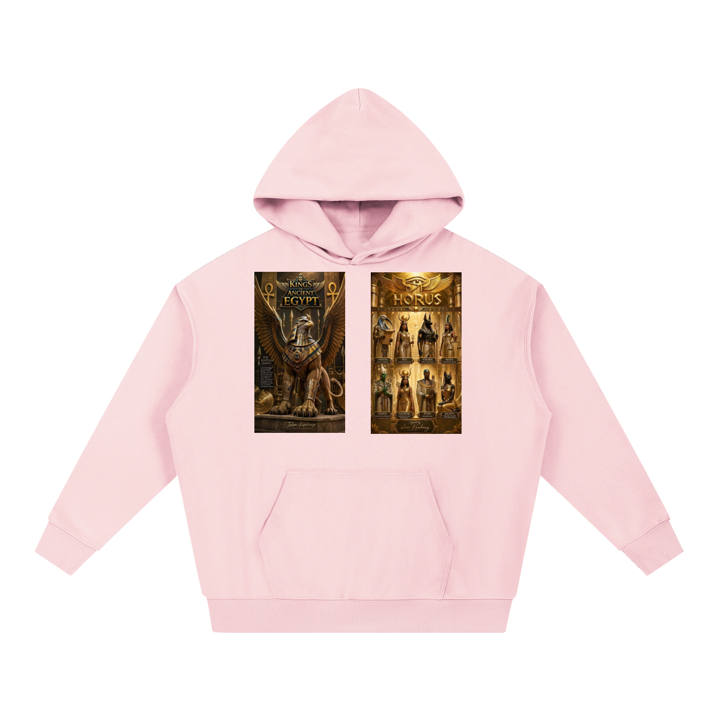 A light pink youth pullover hoodie with two rectangular graphic prints on the chest, displayed against a solid white background.