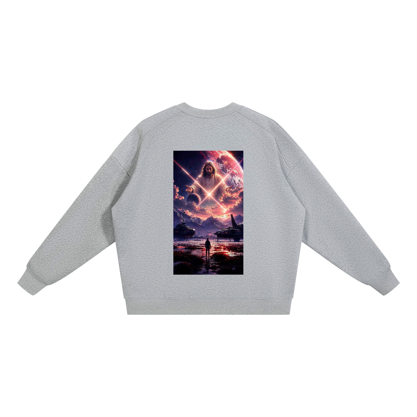 A light gray crewneck sweatshirt shown from the back, featuring a large rectangular graphic print of a sci-fi scene with a figure holding a glowing lightsaber in front of a dramatic purple and orange sky.