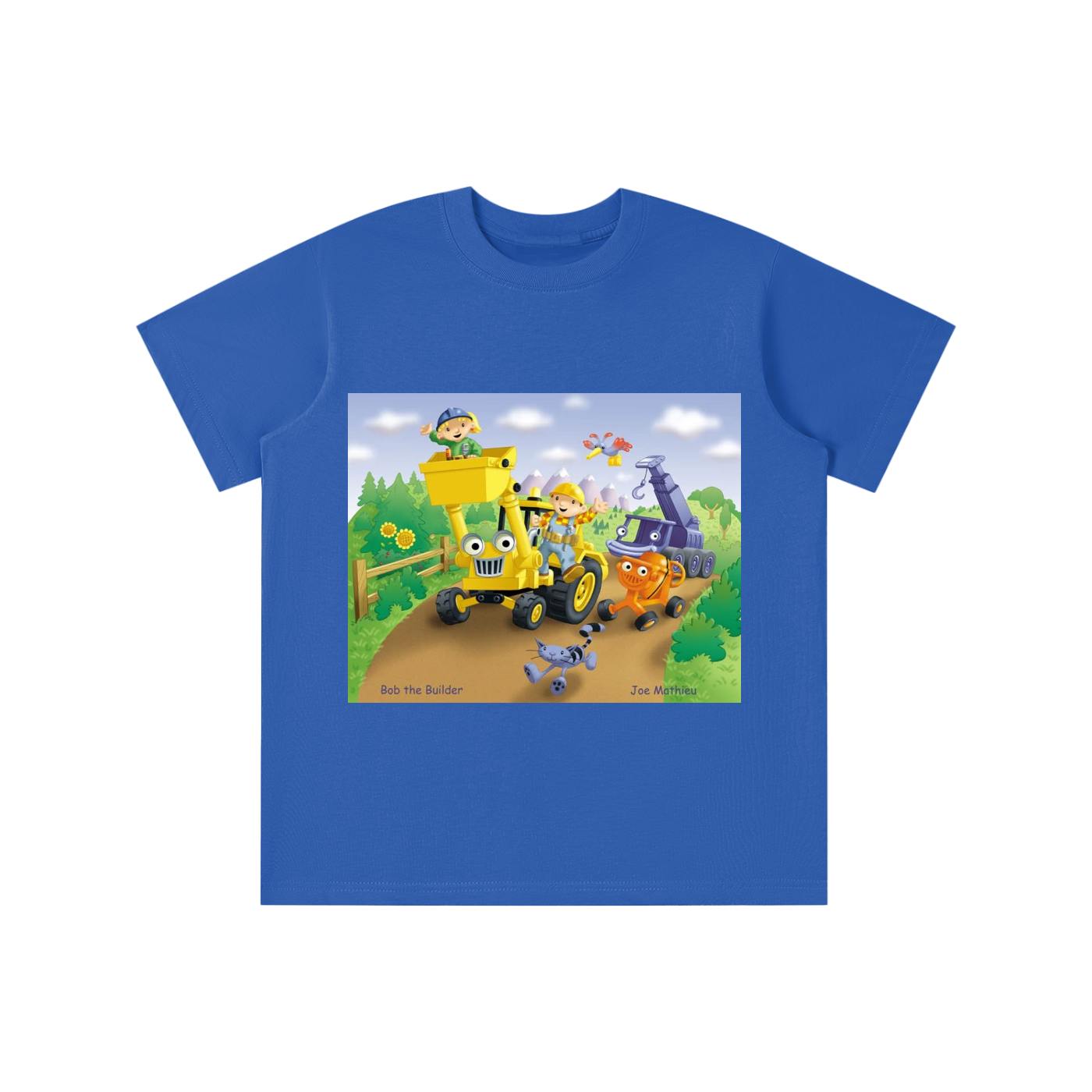 Blue t-shirt with a cartoon design of a yellow tractor and characters on a white background