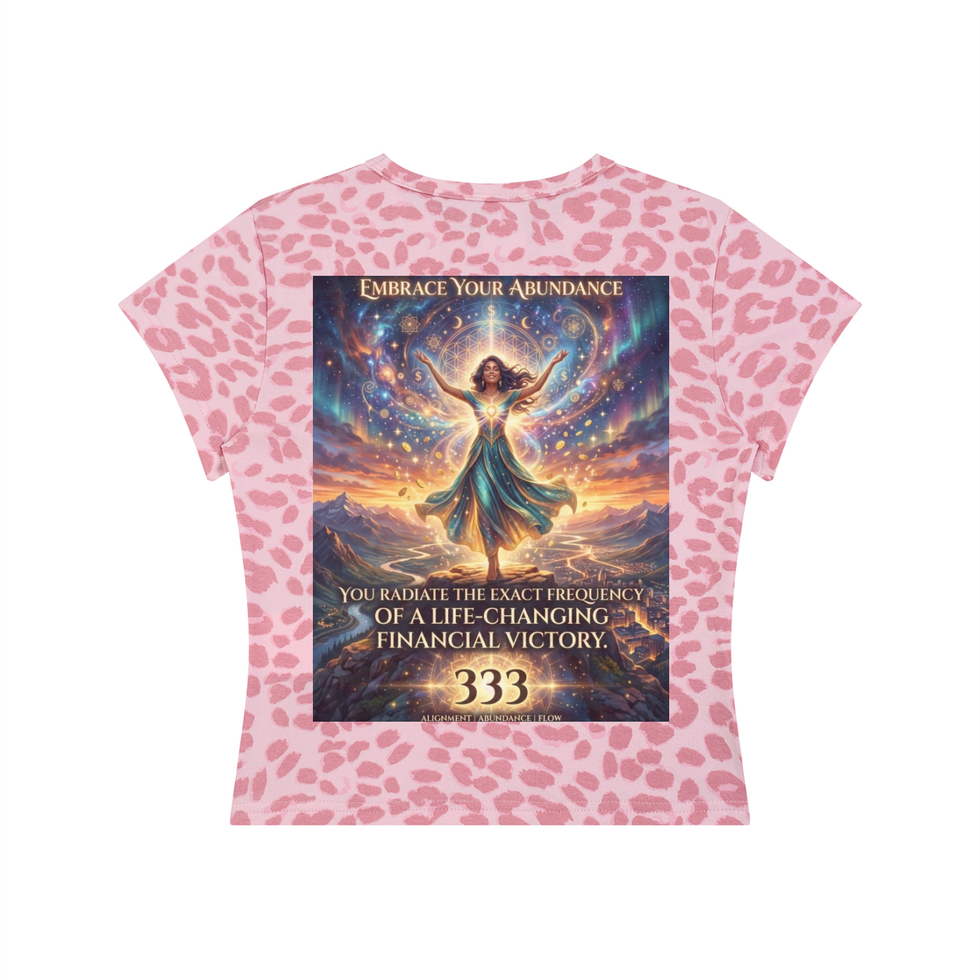 A pink short-sleeve t-shirt with a pink leopard print pattern, featuring a large central graphic print on the back.