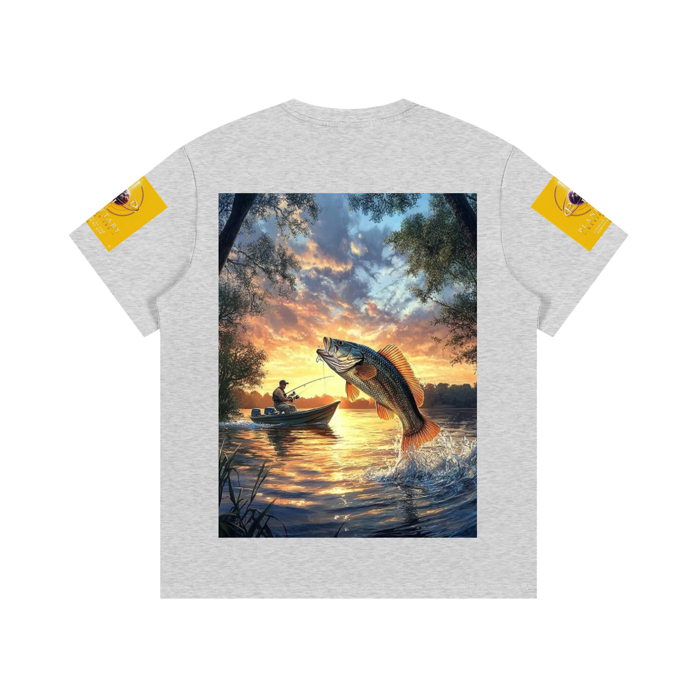 Gray t-shirt with a fishing scene print on a white background