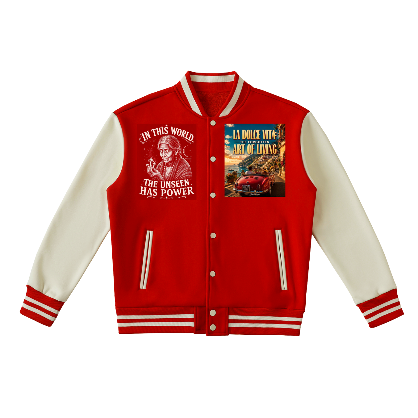 A red and cream varsity-style bomber jacket with graphic prints on the chest, shown flat against a white background.