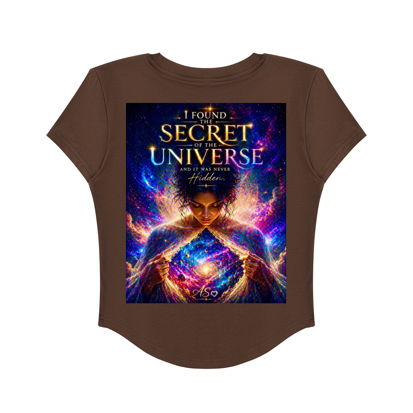 Brown t-shirt with a graphic design of a woman holding a universe and text on a white background