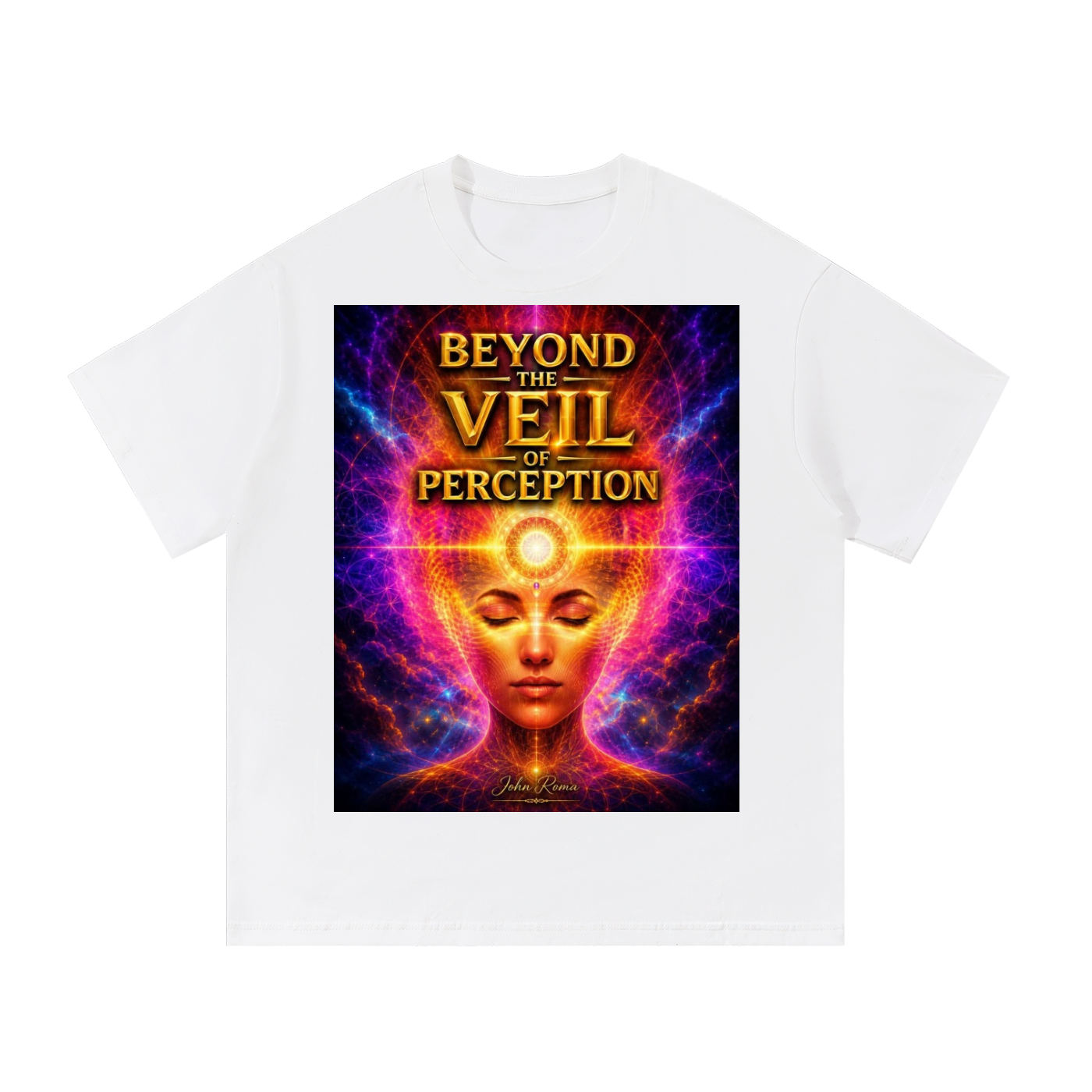 White t-shirt with a colorful graphic design featuring a face and text 'Beyond the Veil of Perception' on a white background.