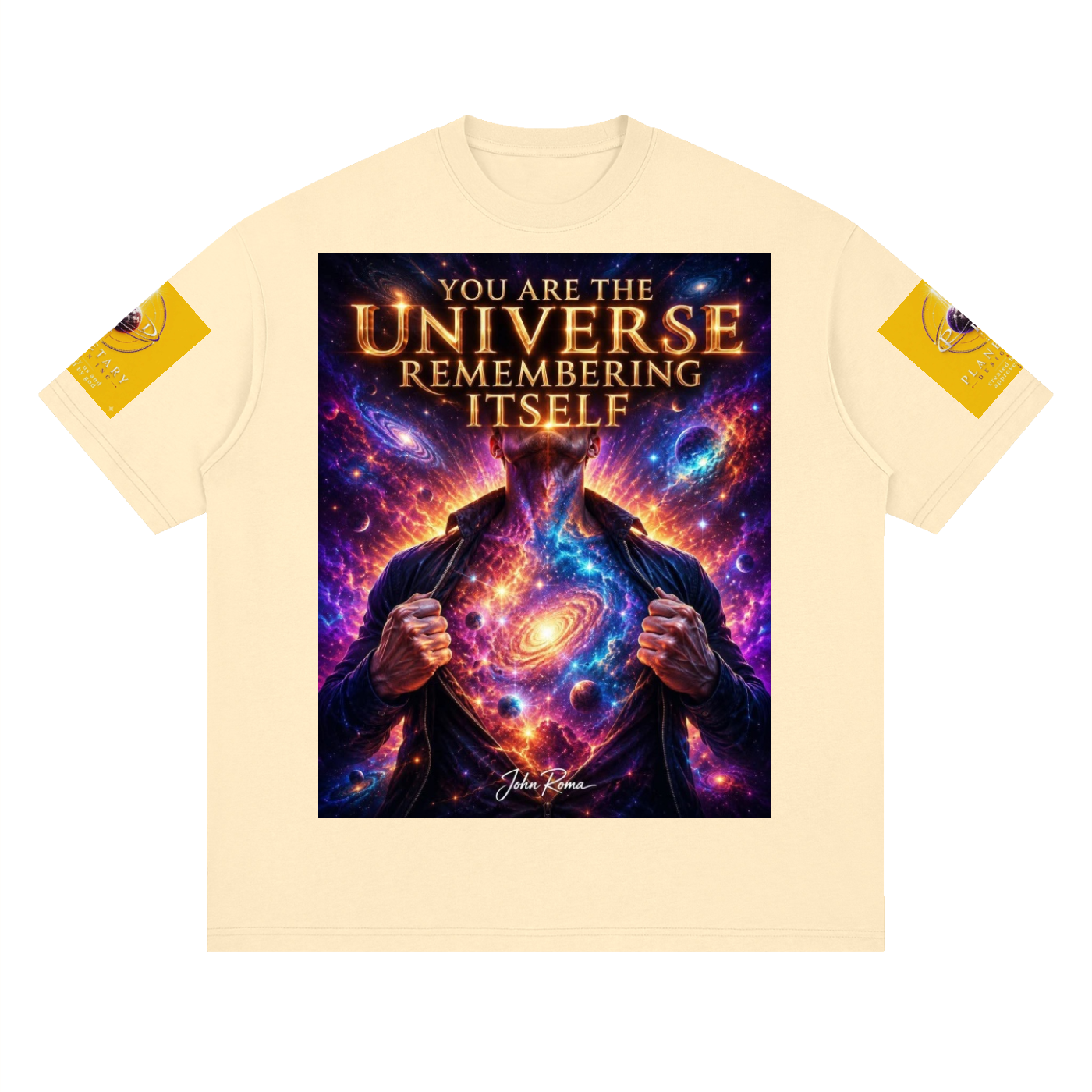 T-shirt with cosmic design and text 'You are the Universe Remembering Itself' on a beige background