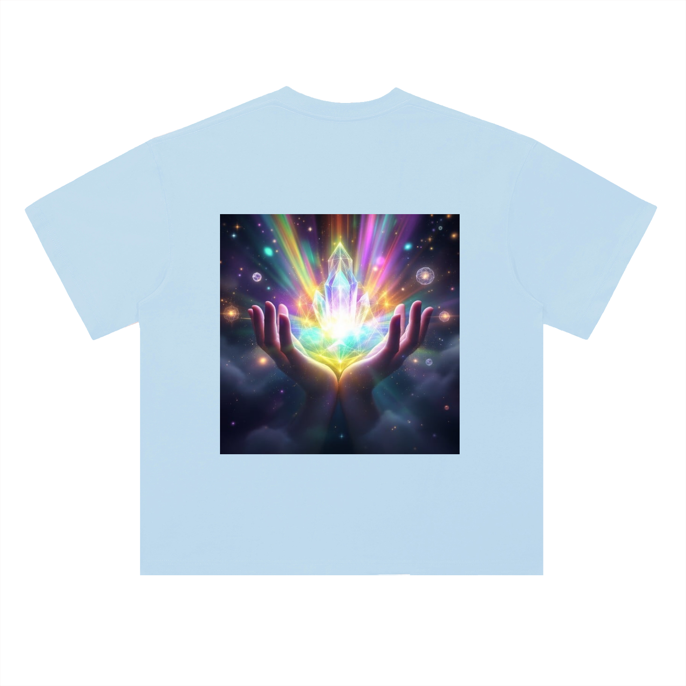 Light blue t-shirt with a graphic of hands holding a radiant, colorful crystal on a white background