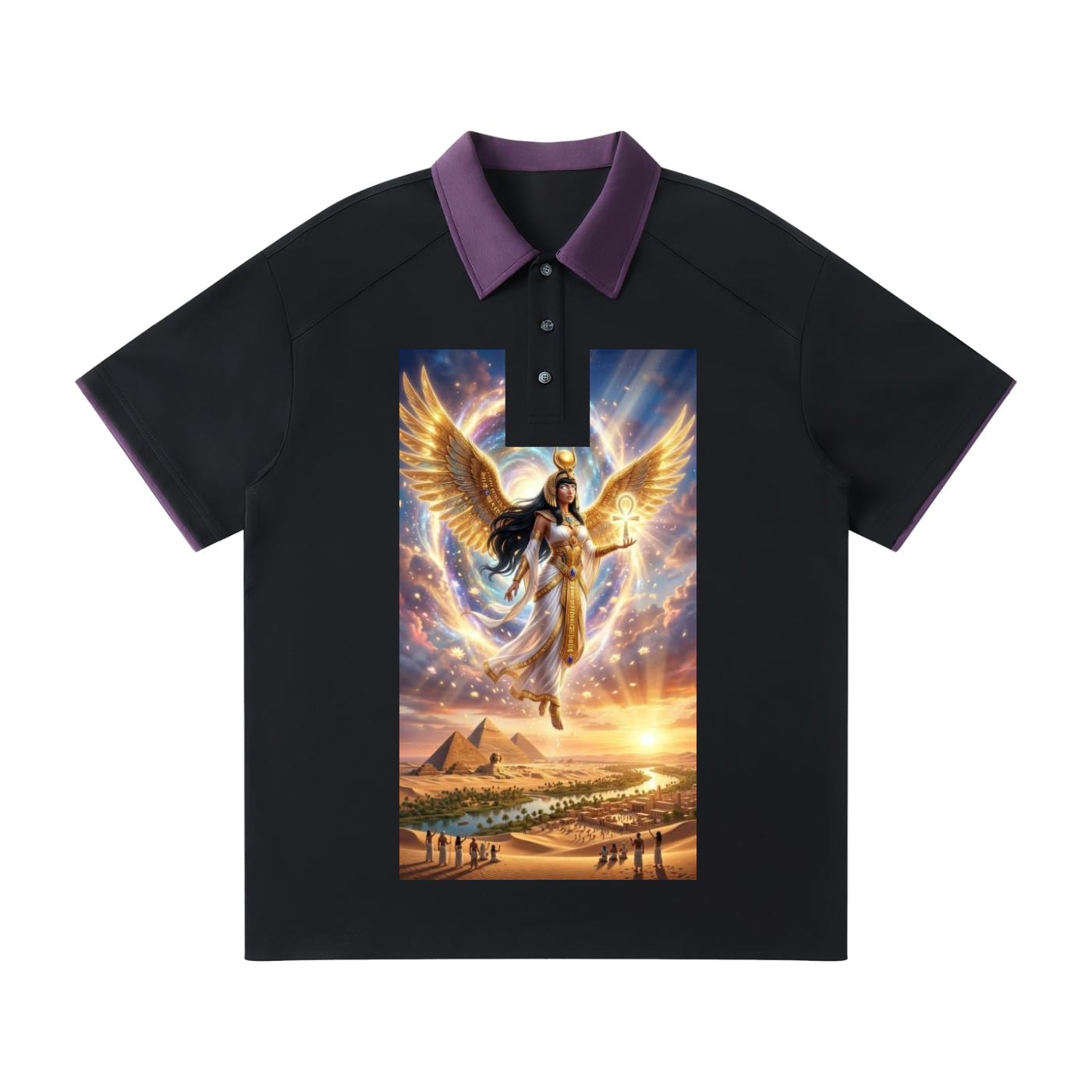 A black short-sleeve polo shirt with a contrasting purple collar and sleeve cuffs, featuring a large, colorful graphic print on the front depicting an angel with golden wings over a desert landscape with pyramids.