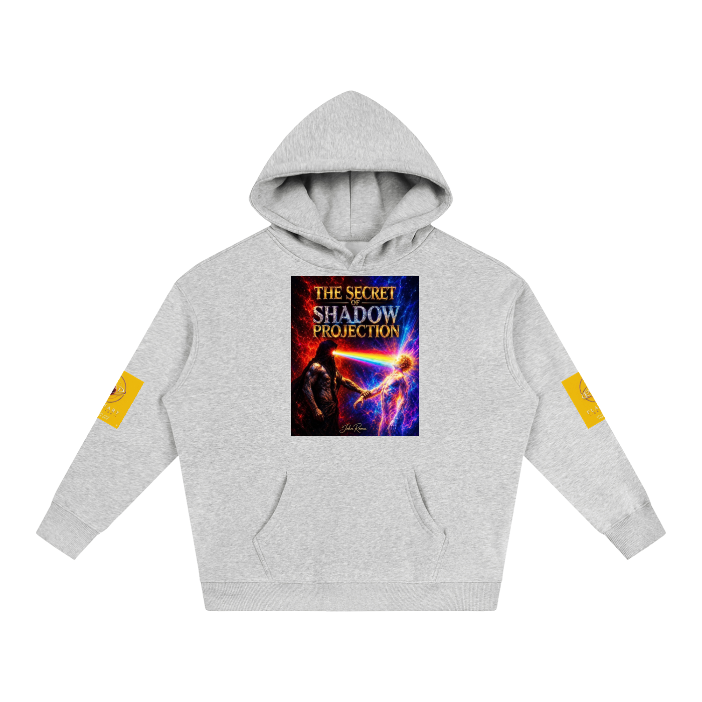 A light gray heather pullover hoodie with a colorful graphic print on the chest reading 'THE SECRET SHADOW PROJECTION' and yellow graphic patches on both sleeves, shown on a plain white background.