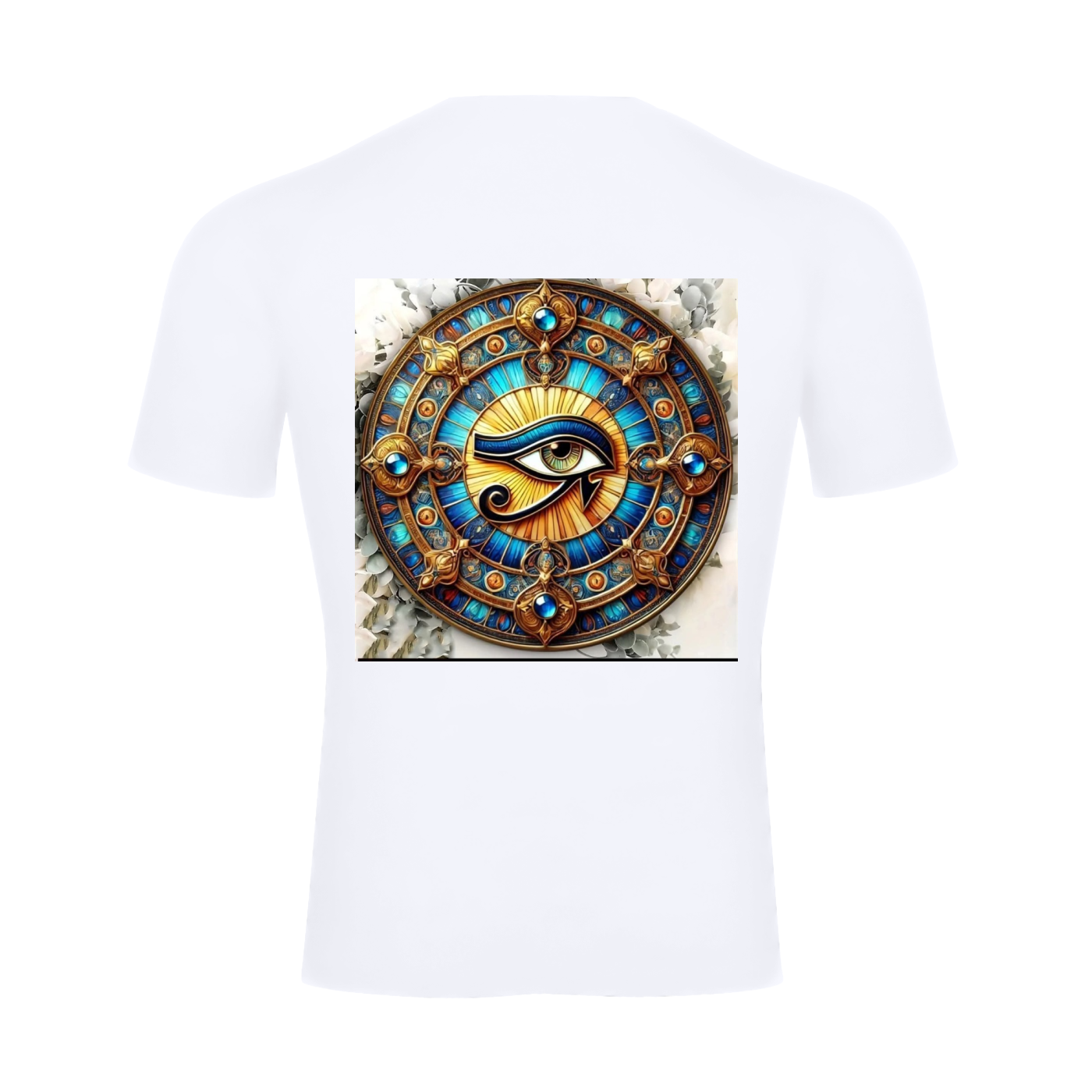 A white short-sleeve crewneck t-shirt shown from the back, featuring a large square graphic print of an Egyptian Eye of Horus design in gold, blue, and black.