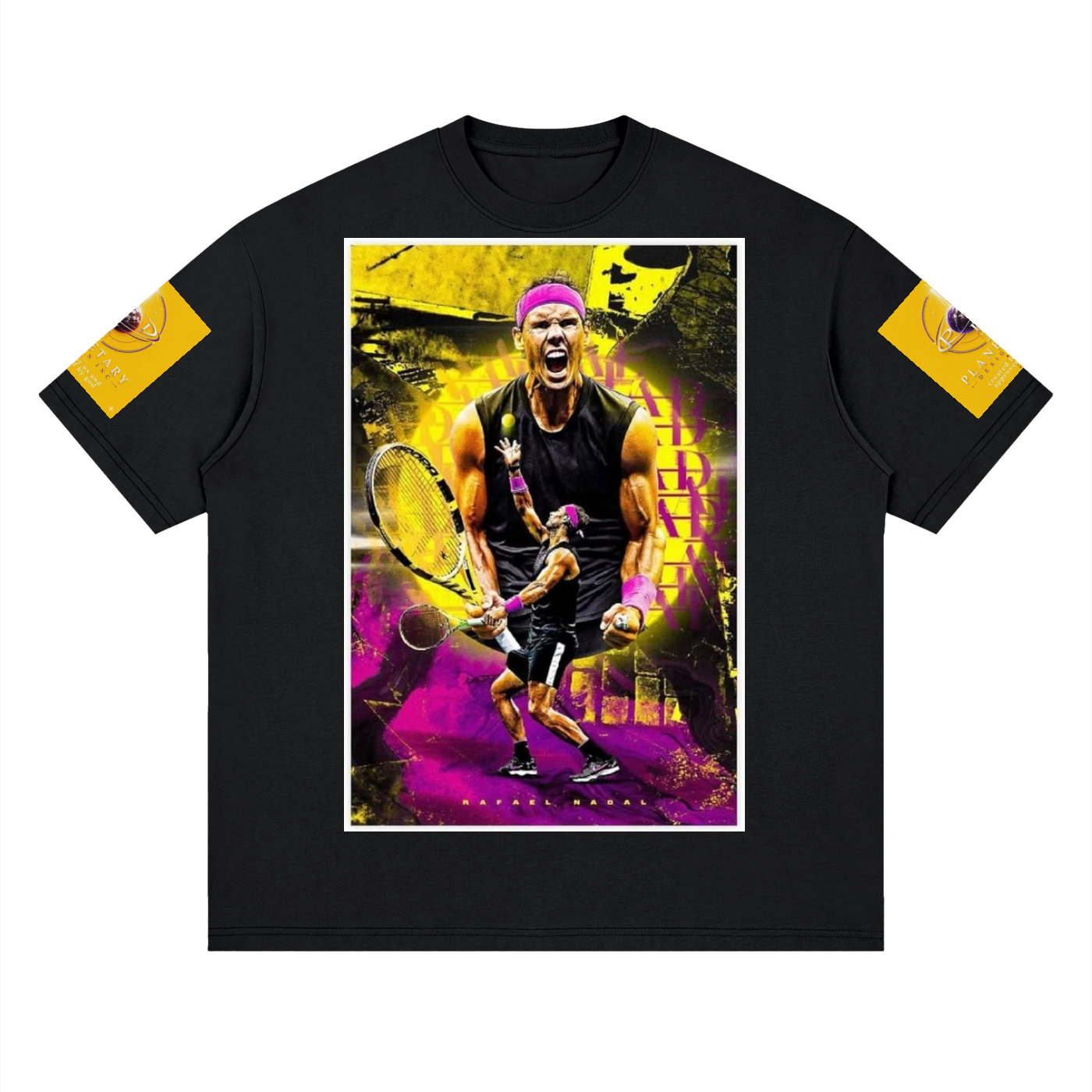 Black t-shirt with a graphic of a tennis player on a white background