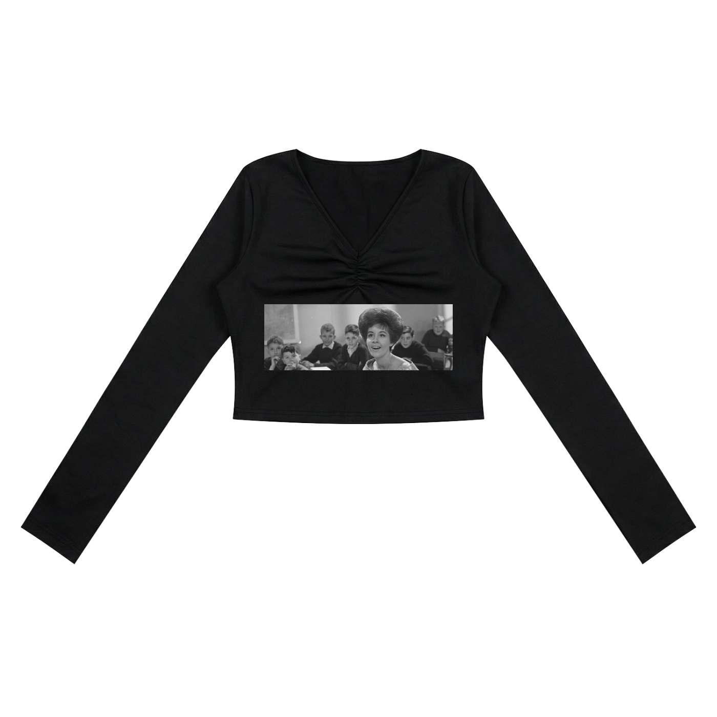 Black long-sleeve crop top with a printed design on a white background