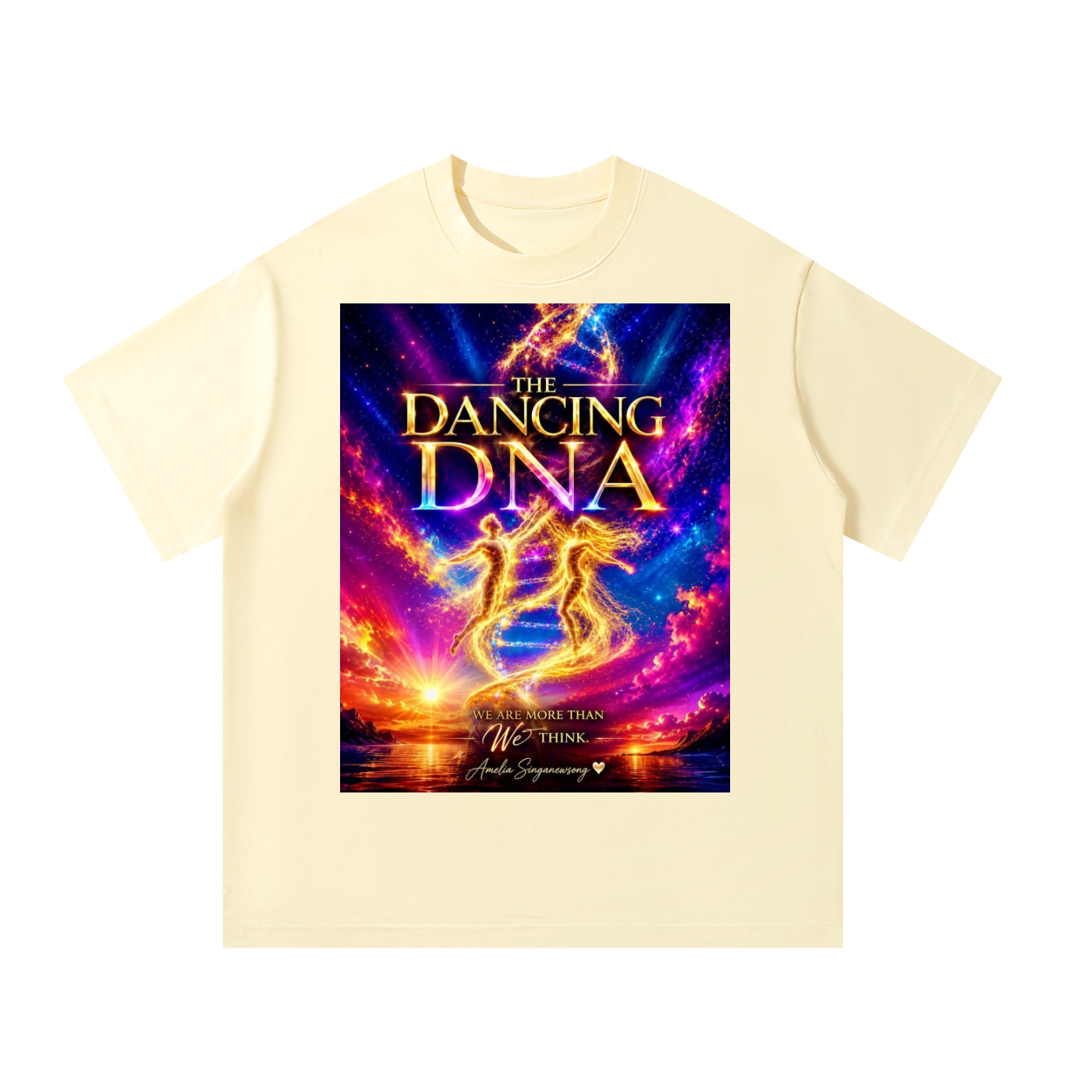 Beige t-shirt with 'The Dancing DNA' graphic design on a white background