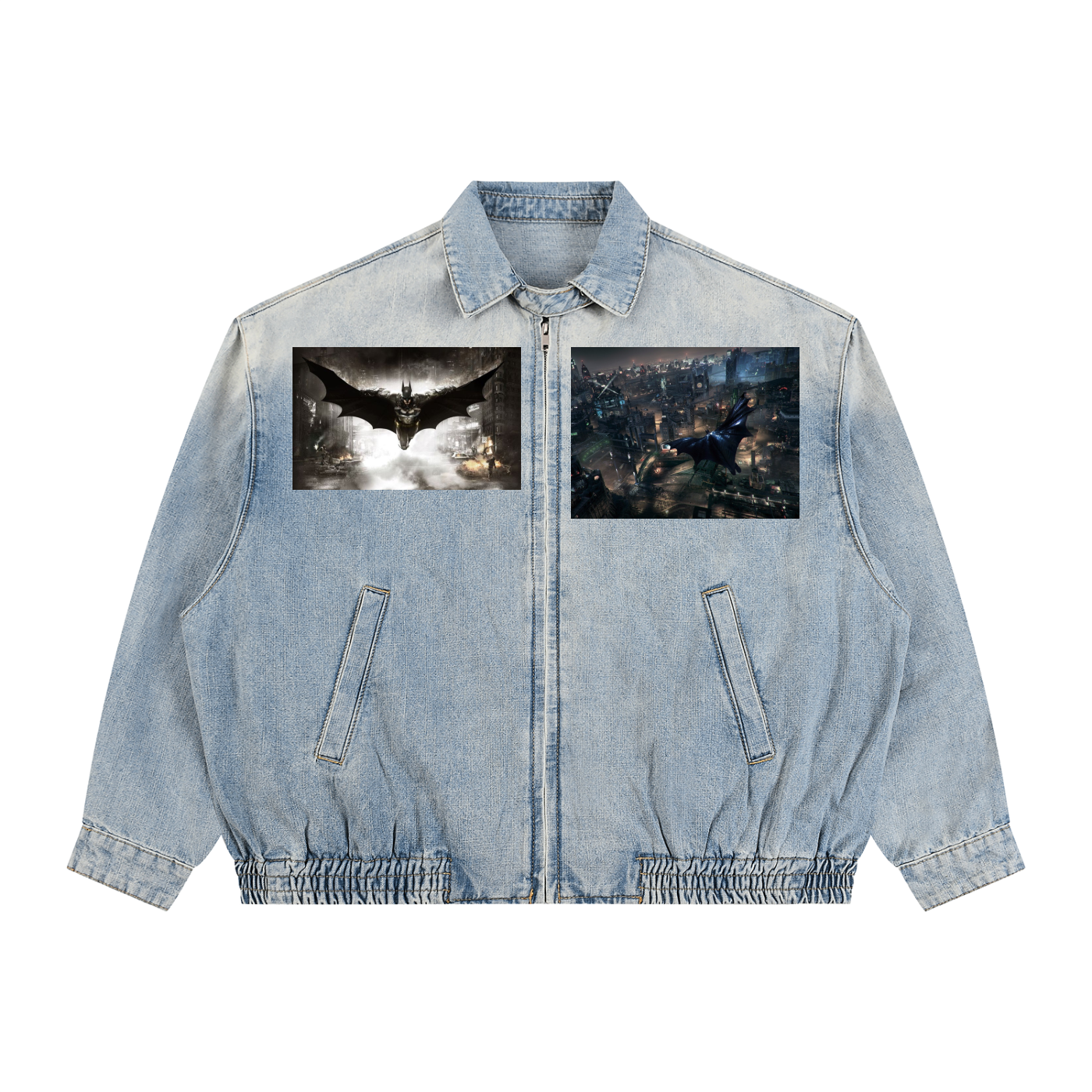 Denim jacket with graphic designs on a white background