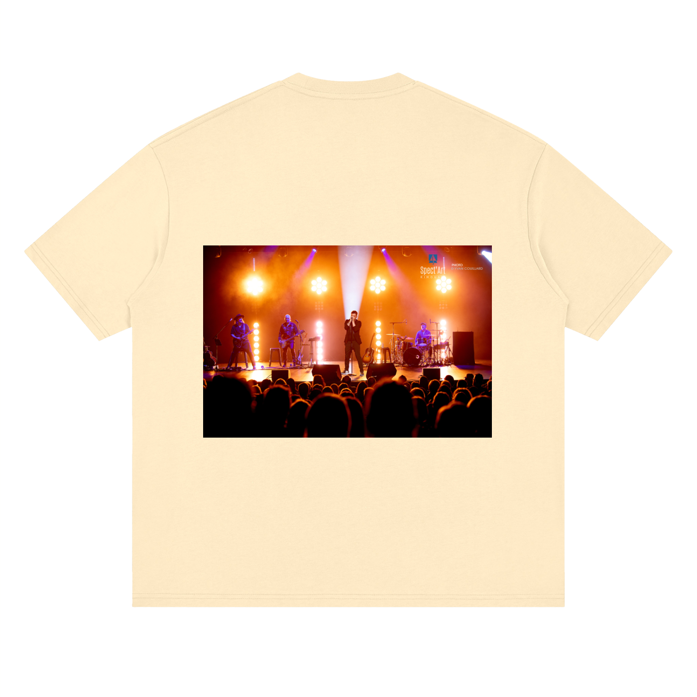 Beige t-shirt with a printed design of a live concert on a white background