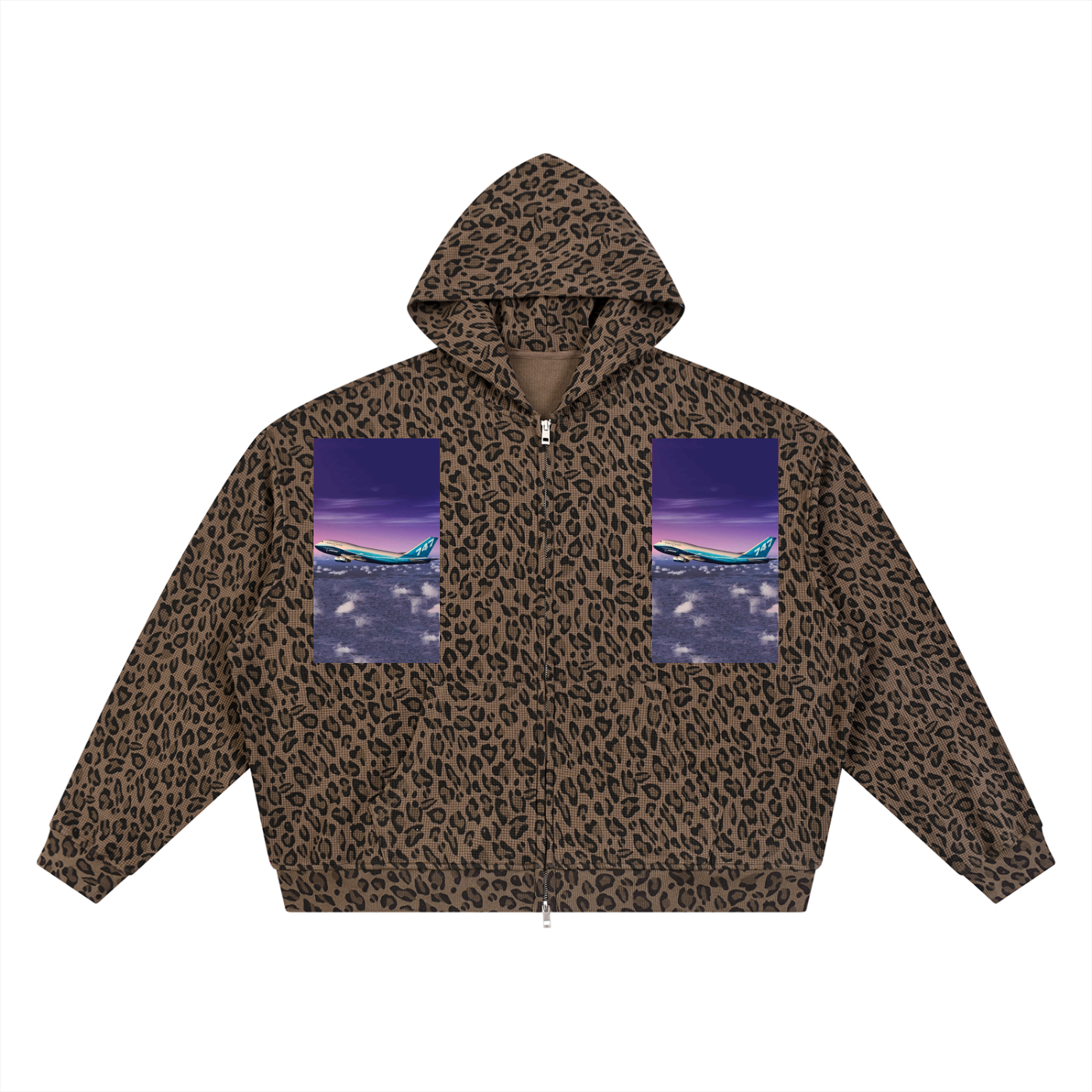 Leopard print jacket with purple pocket designs on a white background
