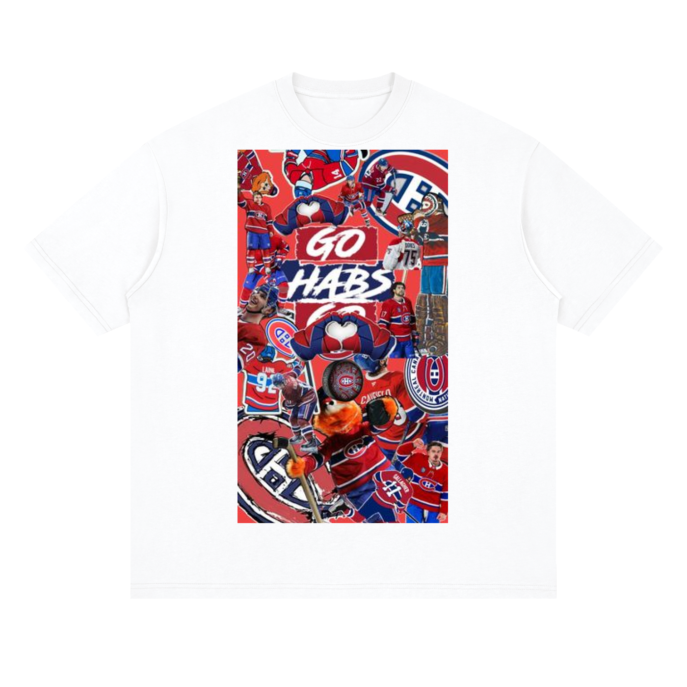 White t-shirt with a colorful sports-themed graphic and 'GO HABS' text on a white background