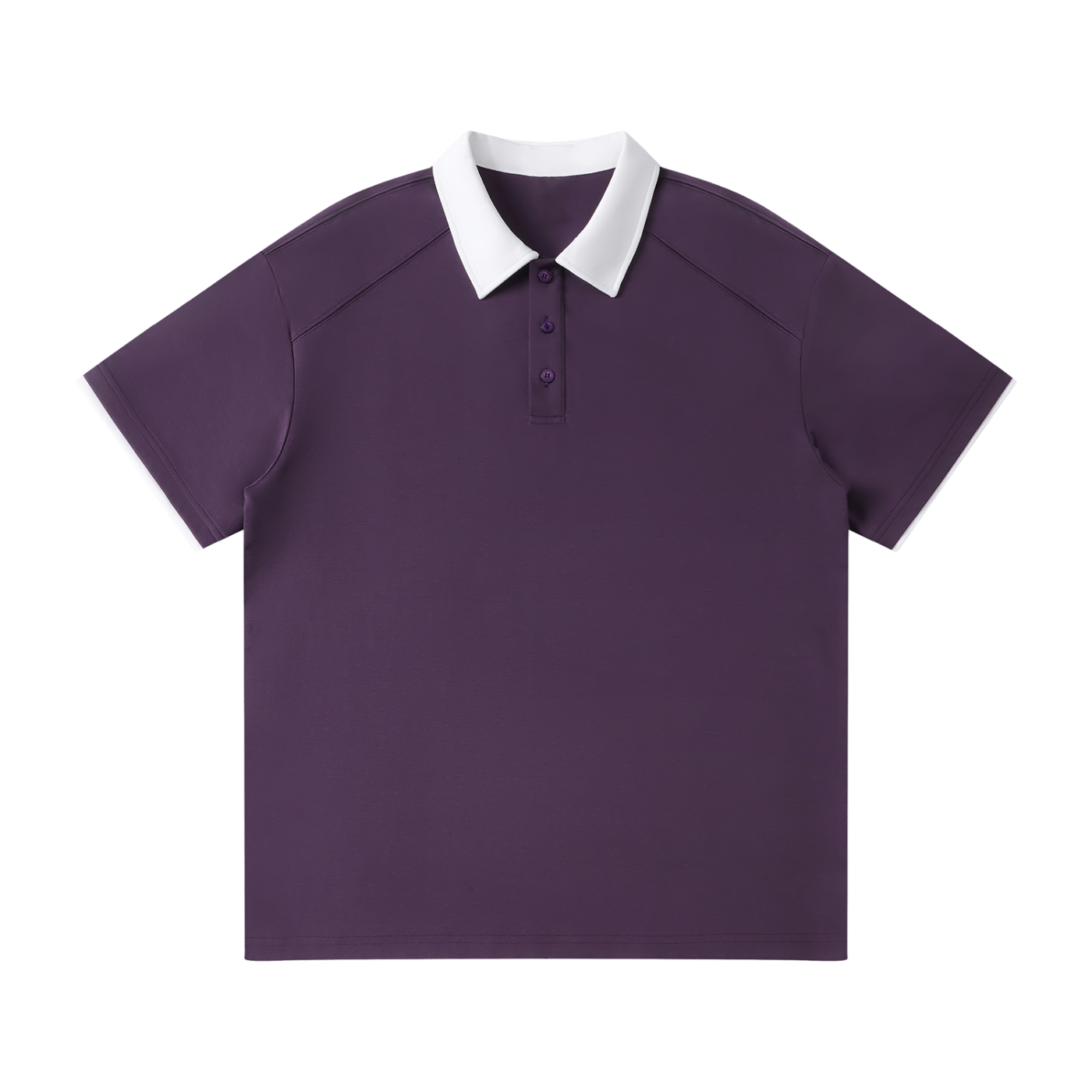Purple polo shirt with white collar on a white background