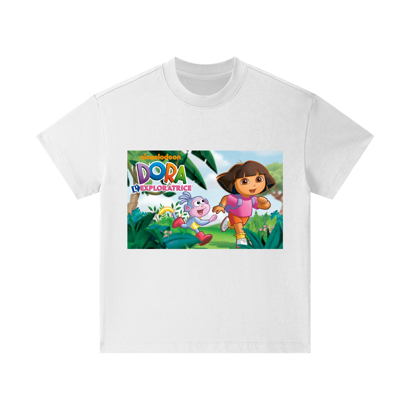 White t-shirt with Dora the Explorer graphic on a white background