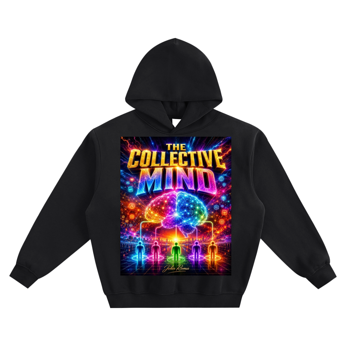 Black hoodie with 'The Collective Mind' graphic design on a white background