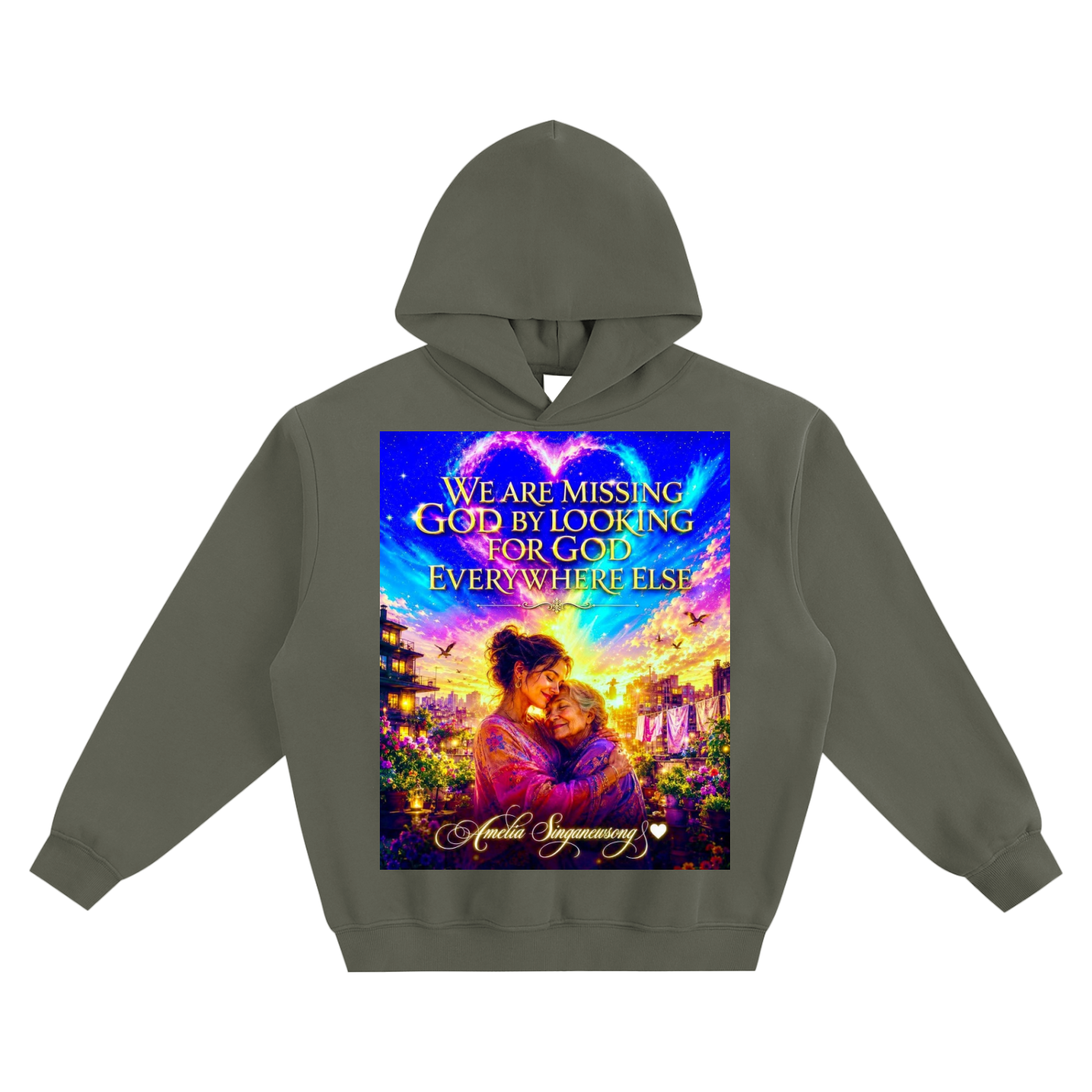 Green hoodie with a colorful graphic and text on a white background