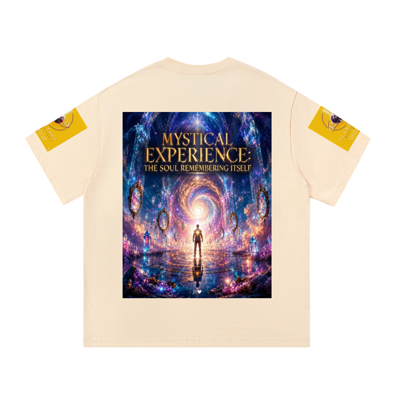 A cream-colored short-sleeve t-shirt shown from the back, featuring a large, vibrant cosmic graphic print in the center with the text 'MYSTICAL EXPERIENCE: THE SOUL REMEMBERING ITSELF' and a central figure facing a glowing portal. Each sleeve has a small yellow graphic patch.