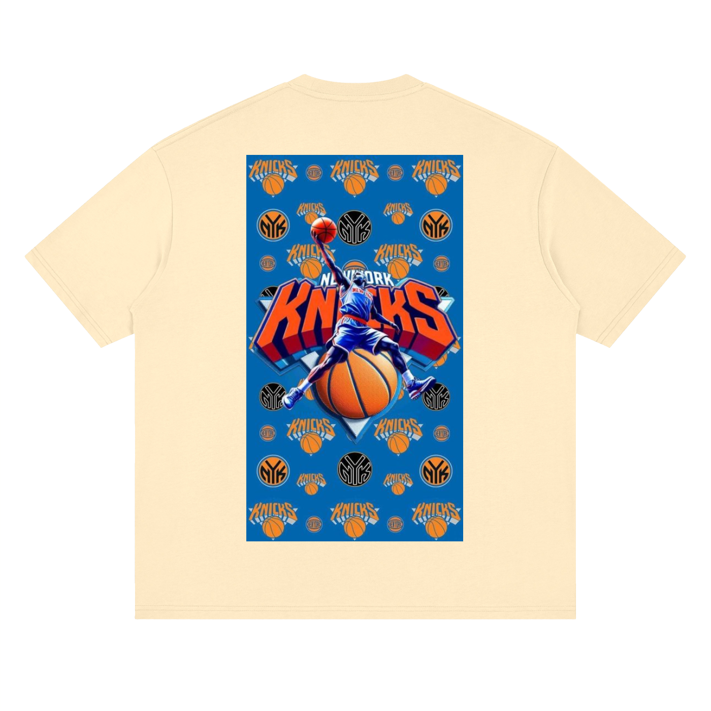 Beige t-shirt with New York Knicks basketball graphic on a white background