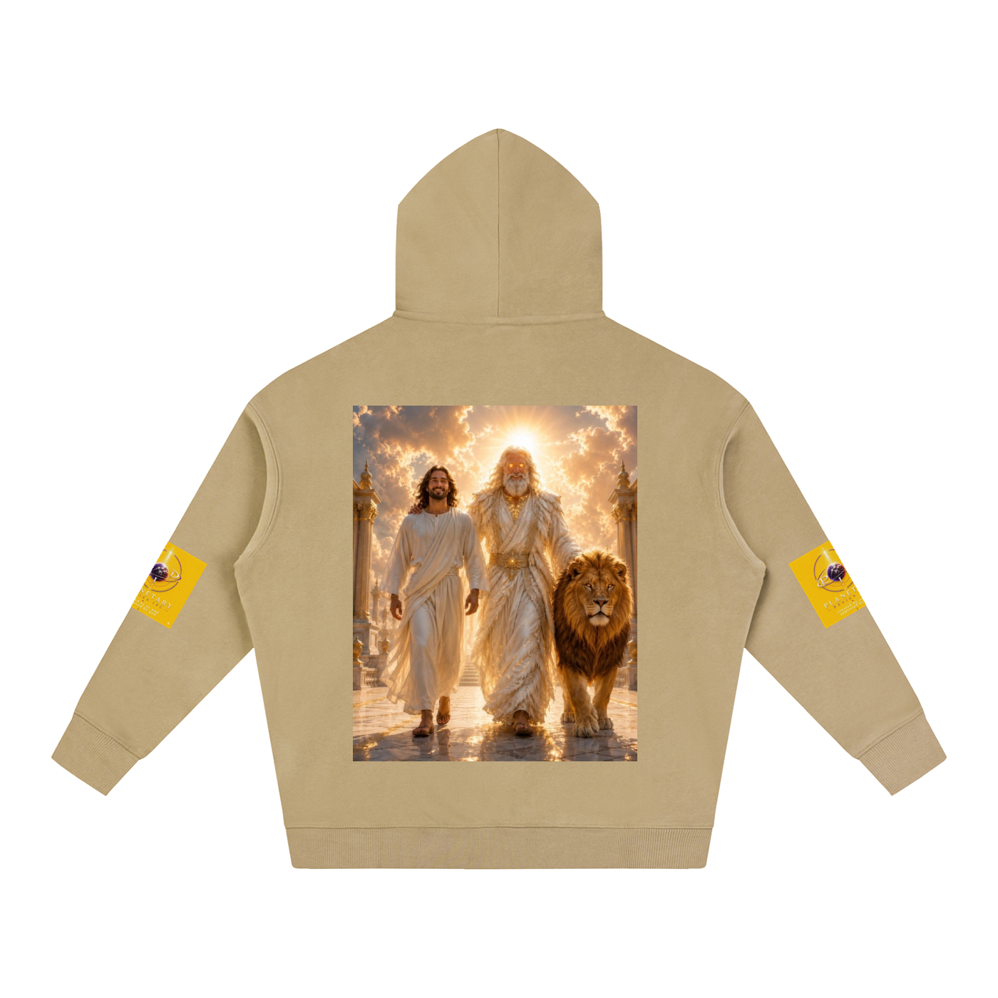 Beige hoodie with a graphic of two figures and a lion on the back, on a white background.
