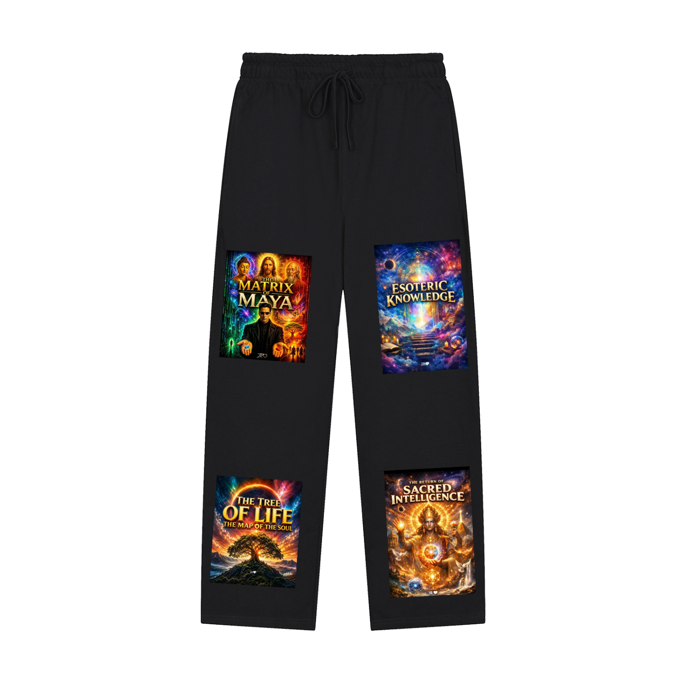 Black sweatpants with four colorful graphic prints on the legs, featuring book cover designs titled Matrix Maya, Esoteric Knowledge, The Tree of Life, and Sacred Intuition, shown on a plain white background.