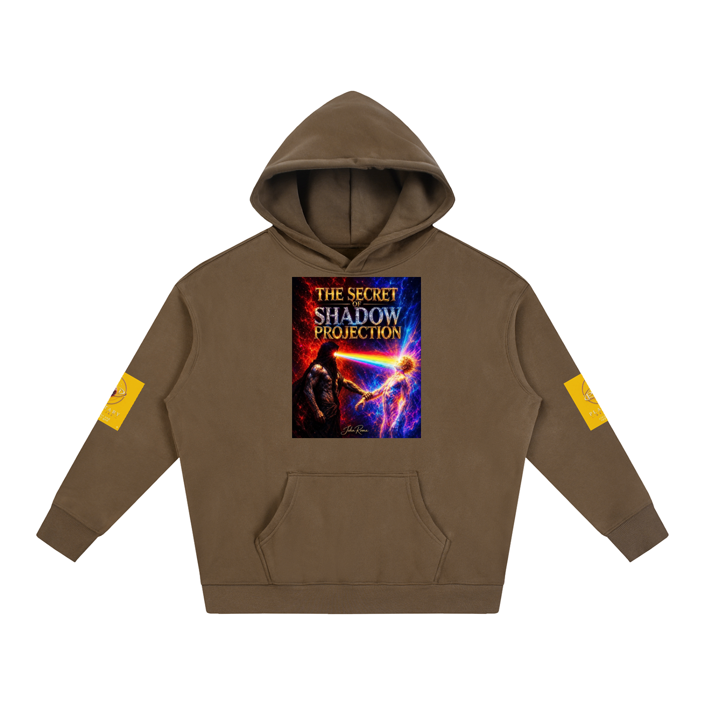 A brown pullover hoodie with a colorful graphic print on the chest reading 'THE SECRET SHADOW PROJECTION' and yellow patches on both sleeves, shown on a plain white background.