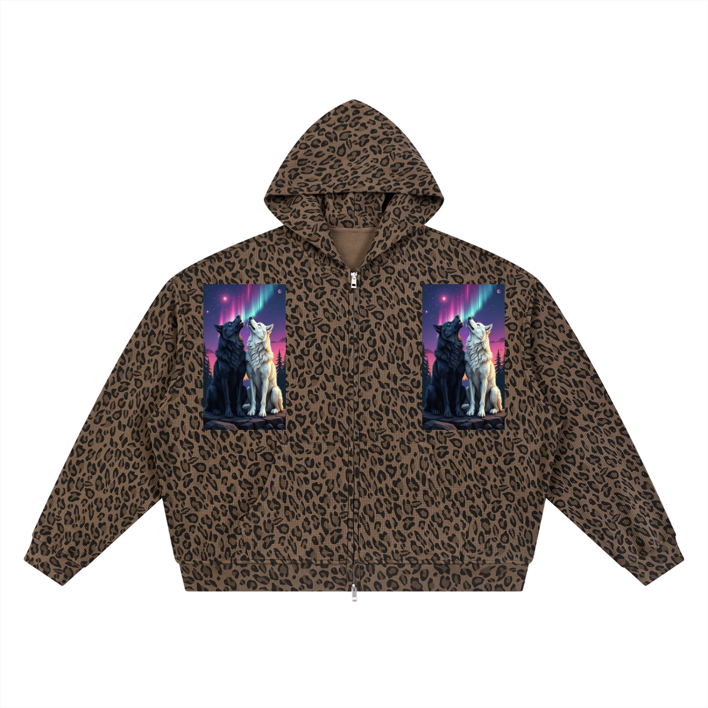 Leopard print hoodie with wolf designs on a white background