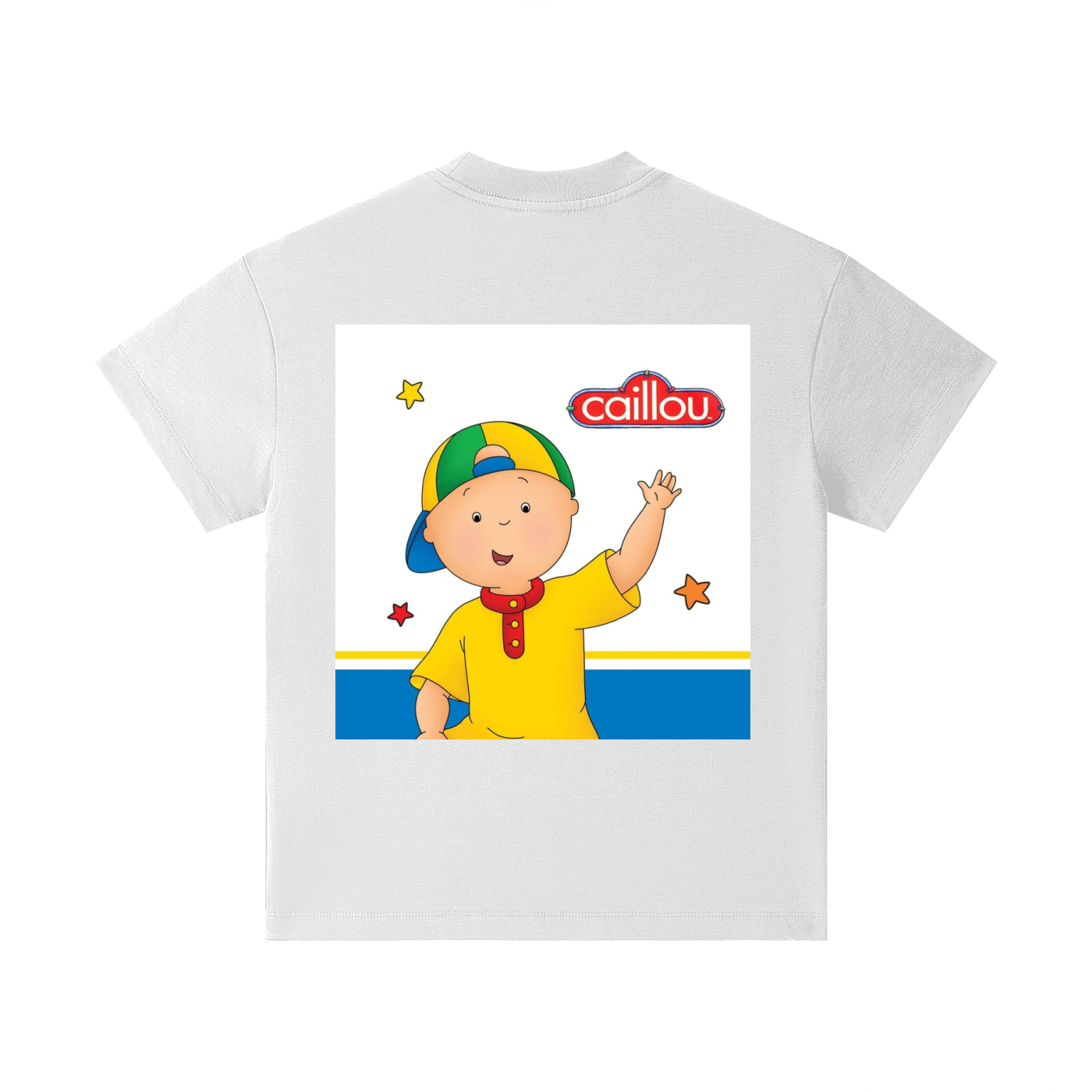 White t-shirt with Caillou character and logo on a white background