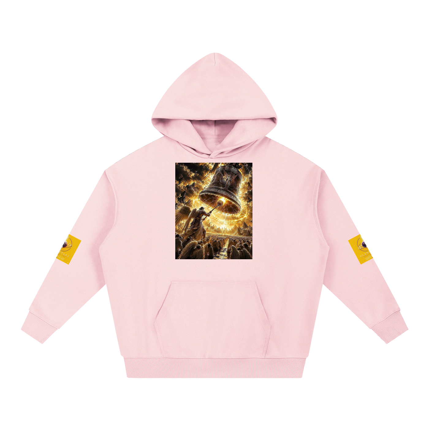A light pink pullover hoodie with a square graphic print on the chest depicting a glowing bell in a dramatic scene, featuring two small yellow patches on the sleeves, shown against a plain white background.