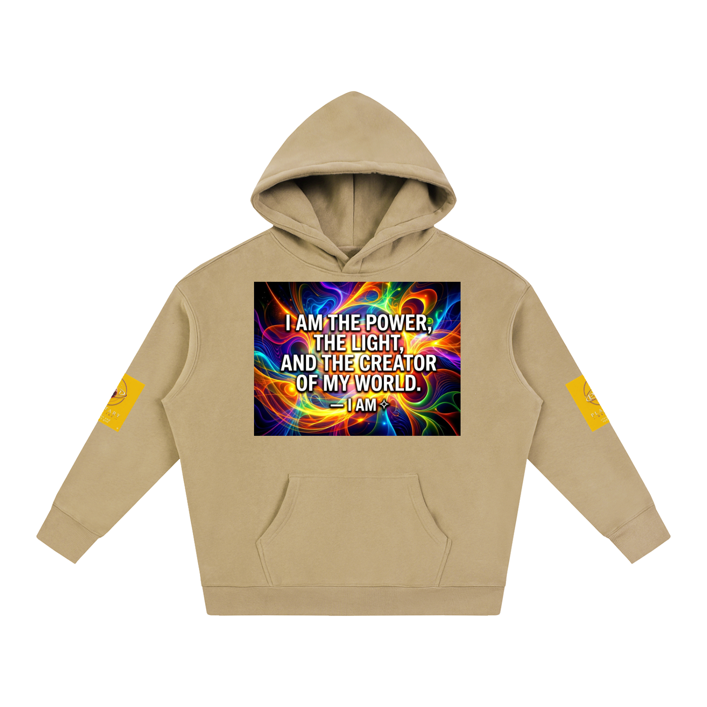 Beige hoodie with a colorful graphic and text on a white background