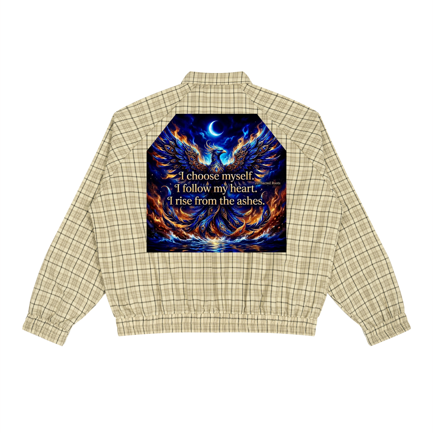 A beige and brown plaid jacket shown from the back, featuring a large graphic print of a fiery phoenix with a blue crescent moon and the text 'I choose myself. I follow my heart.