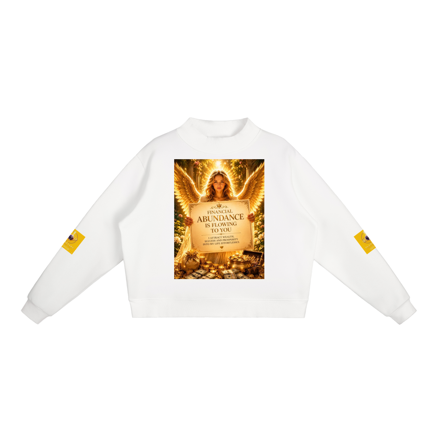 A white crewneck sweatshirt featuring a large graphic print on the front depicting an angel with wings and a sign that reads 'ABUNDANCE IS FLOWING IN YOU'. Each sleeve has a small yellow square graphic on it, set against a plain white background.